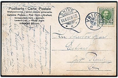 5 øre Fr. VIII på brevkort annulleret med stjernestempel VRIDSTED og sidestemplet Skive d. 19.8.1909 til Rønbjerg.