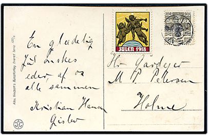 3 øre Bølgelinie og Julemærke 1918 på lokalt julekort (A. Vincent serie 139/5) annulleret med stjernestempel GISLEV til Gislev Holme.