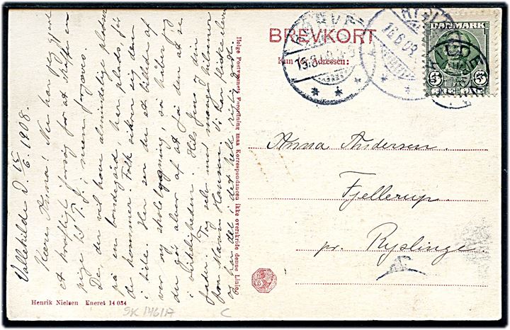 5 øre Fr. VIII på brevkort (Vallekilde Højskole) annulleret med stjernestempel VALLEKILDE og sidestemplet Hørve d. 15.6.1908 til Ryslinge.
