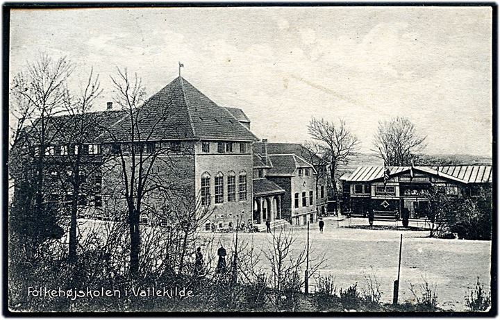 5 øre Fr. VIII på brevkort (Vallekilde Højskole) annulleret med stjernestempel VALLEKILDE og sidestemplet Hørve d. 15.6.1908 til Ryslinge.