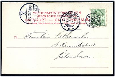 5 øre Våben på brevkort (Hasle, Kammersanger Herolds Barndomshjem) annulleret med stjernestempel NYBRO og sidestemplet Rønne d. 29.7.1905 til København.