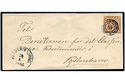 4 R.B.S. Thiele III pl. IV nr. 51 på brev annulleret med nr.stempel 18 og sidestemplet Frederiksborg d. 26.5.1854 til Kjøbenhavn. Revet på bagsiden.