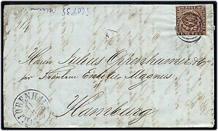 4 R.B.S. Thiele II på brev annulleret med nr.stempel 1 og sidestemplet antiqua Kjøbenhavn d. 11.8.1853 til Hamburg. Fuldt indhold, men brev med rifter