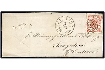 4 sk. Krone/Scepter på brev med indhold dateret på herregaarden Basnæs annulleret med nr.stempel 92 og sidestemplet antiqua Skjeskjør d. 23.12.1866 til Kjøbenhavn. 