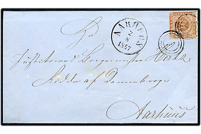 4 sk. 1854 udg. på brev annulleret med nr.stempel 5 og sidestemplet antiqua Aarhus d. 2.8.1857 til Justitsraad Borgmester Hertz, Ridder af Dannebrog,  i Aarhus.