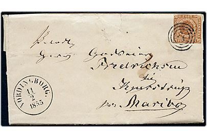 4 R.B.S. Thiele III på brev med indhold dateret Petersværft d. 9.2.1855 annulleret med nr.stempel 78 og sidestemplet antiqua Vordingborg d. 11.2.1855 til Kjærstrup pr. Maribo.