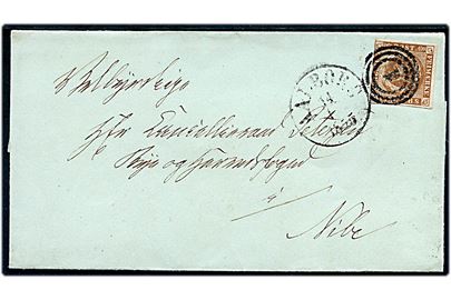 4 R.B.S. Thiele III på brev annulleret med nr.stempel 4 og sidestemplet antiqua Aalborg d. 14.1.1855 til Kanselliraad Bye- og Herredsfoged Petersen i Nibe.
