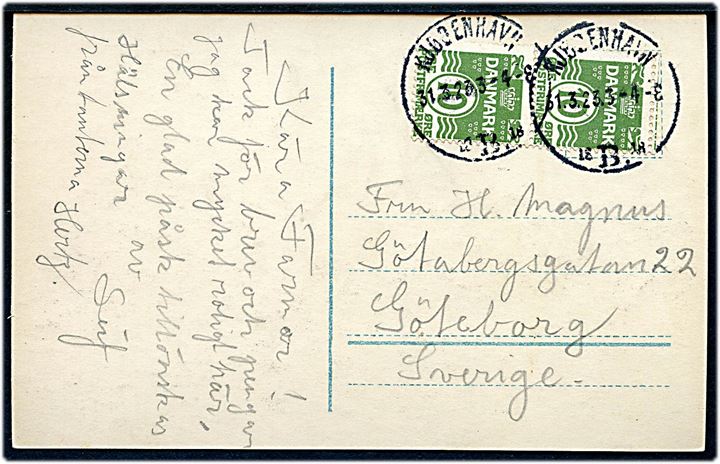 10 øre Bølgelinie i lodret parstykke med tydelig automatafskæring på brevkort annulleret Kjøbenhavn B. d. 31.3.1923 til Göteborg, Sverige.