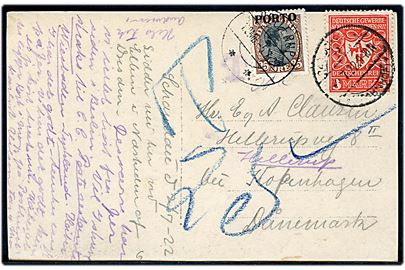 Tysk 3 mk. infla udg. på underfrankeret brevkort stemplet .... (Bahnhof) d. 2.7.1922 til Hellerup, Danmark. Udtakseret i porto med 25 øre Porto-provisorium annulleret Hellerup 1. OMB: d. 5.7.1922.