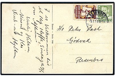 15 øre Fr. IX og Dansk Skakforbund mærkat på lokalt brevkort stemplet Resenbro d. 5.1.1951. 