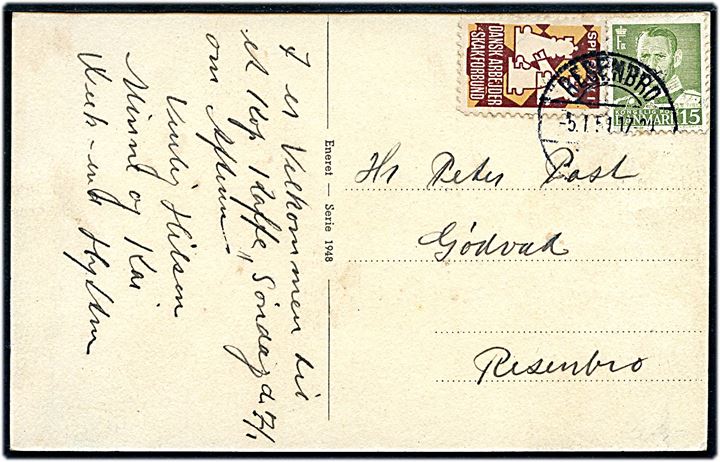 15 øre Fr. IX og Dansk Skakforbund mærkat på lokalt brevkort stemplet Resenbro d. 5.1.1951. 