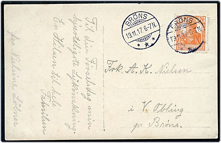 7½ pfg. Germania på brevkort stemplet Bröns *** d. 19.11.1917 til V. Obling pr. Bröns.