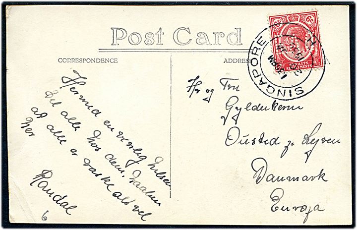 6c George V med perfin E.A.C. (Eastern Asiatic Company = Østasiatisk Kompagni) på brevkort fra Singapore d. 20.1.1930 til Ousted pr. Lejre, Danmark.