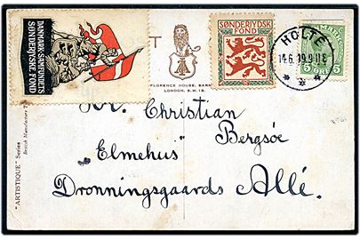 5 øre Chr. X og Sønderjysk Fond mærkat på brevkort stemplet Holte d. 14.6.1919.