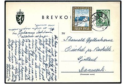 25 øre Haakon helsagsbrevkort med Sjømannsmisjonen julemærke 1958 fra Follebu d. 11.12.1958 til Ousted pr. Roskilde, Danmark.