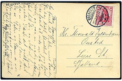 10 pfg. Germania på brevkort annulleret Broacker d. 23.12.1912 til Lejre, Danmark. På bagsiden Jernfonden julemærke 1912.