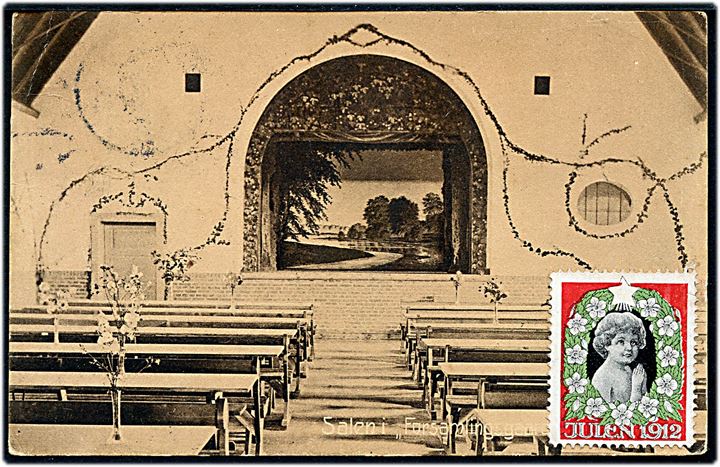 10 pfg. Germania på brevkort annulleret Broacker d. 23.12.1912 til Lejre, Danmark. På bagsiden Jernfonden julemærke 1912.