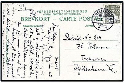 3 øre Bølgelinie på lokalt brevkort fra Hellerup d. 3.2.1915 til rekrut på søfortet Trekroner pr. København Ø.