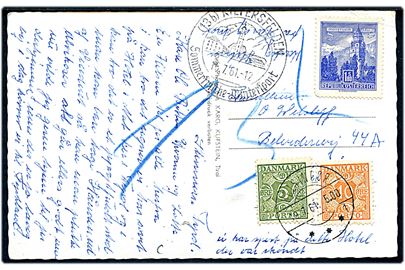 Østrigsk 1,80 S. markeret ugyldig på brevkort postlagt i Kiefersfelden i Tyskland d. 16.7.1961 til Helsingør, Danmark. Udtakseret i porto med 5 øre og 10 øre Portomærke stemplet Helsingør d. 19.7.1961.