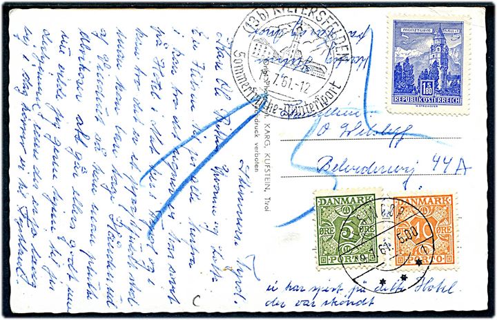 Østrigsk 1,80 S. markeret ugyldig på brevkort postlagt i Kiefersfelden i Tyskland d. 16.7.1961 til Helsingør, Danmark. Udtakseret i porto med 5 øre og 10 øre Portomærke stemplet Helsingør d. 19.7.1961.