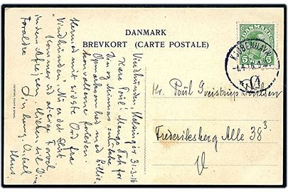 5 øre Chr. X på brevkort (Modelsal på Handels- og Søfartsmuseet i Helsingør) dateret ombord på torpedobåden Vindhunden i Helsingør d. 31.3.1916 og annulleret Kjøbenhavn Ø d. 1.4.1916 til Kjøbenhavn.