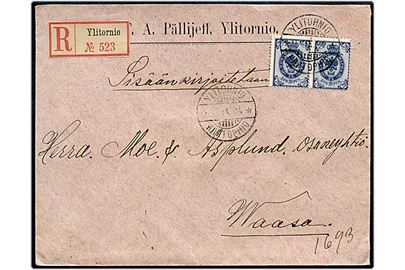 20 pen. Våben i parstykke på anbefalet brev annulleret med 2-sproget stempel i Ylitornio (Övertorneå) d. 14.9.1904 til Wasa.