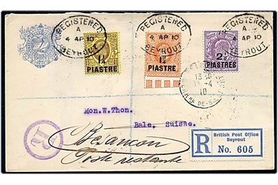 1 1/4 Piastre/3d, 1 3/4 Pisatre/4d og 2½ Piastres/6d Edward VII på anbefalet brev fra British Post Office Beyrout d. 4.4.1910 via Alexandria til Basel, Schweiz - eftersendt til Besancon, Frankrig.