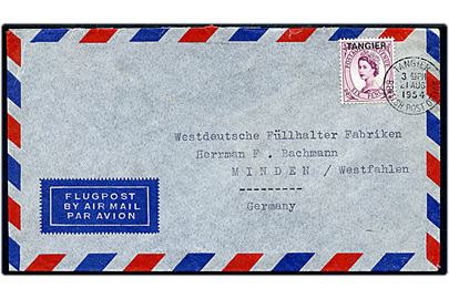 6d Elizabeth Tangier provisorium på luftpostbrev fra Tangier British Post Office d. 21.8.1954 til Minden, Tyskland.