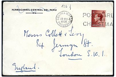 1½d Edward VIII på fortrykt kuvert fra Peru annulleret med skibsstempel Southampton Paquebot / Post early for Christmas d. 22.12.1936 til London, England.