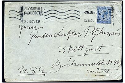 2½d George V på fortrykt hollandsk rederikuvert fra N.A.S.M. (Nederlandsche-Amerikaansche Stoomvaart Maatschappij) annulleret med skibsstempel Plymouth Paquebot d. 30.11.1919 til Stuttgart, Tyskland.