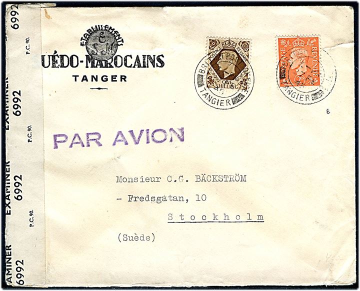 2d og 1 sh. George VI på luftpostbrev stemplet British Post Office Tangier d. 27.2.1945 til Stockholm, Sverige. Åbnet af britisk censur PC90/6992.