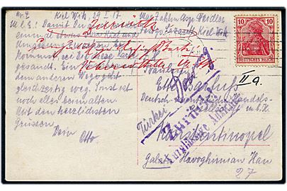 10 pfg. Germania på brevkort (Kiel Holtenau Kanal Mündung) fra soldat på lazaret i Kiel d. 29.1.1917 til Konstantinople, Tyrkiet. Returneret af den tyske censur på grund af postkort motivet med stempel: Zurück! Unzulässige Ansicht.