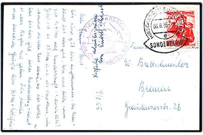 60 g. Egnsdragt på brevkort annulleret med særligt stempel Hirschegg/Kleinwalsertal / Sondertarif d. 8.8.1955 til Bremen, Tyskland. Sendt fra den østrigske ex-klave Kleinwalsertal som havde særlig posttakst til Tyskland.