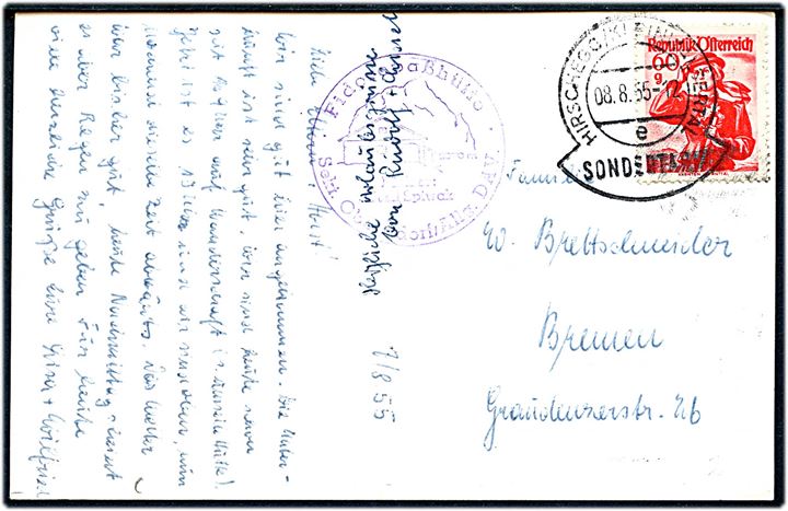 60 g. Egnsdragt på brevkort annulleret med særligt stempel Hirschegg/Kleinwalsertal / Sondertarif d. 8.8.1955 til Bremen, Tyskland. Sendt fra den østrigske ex-klave Kleinwalsertal som havde særlig posttakst til Tyskland.