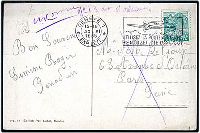 5 c. på brevkort annulleret med 2-sproget TMS Benützet die Luftpost fra Geneve d. 30.6.1935 til Paris, Frankrig. Retur som ubekendt.