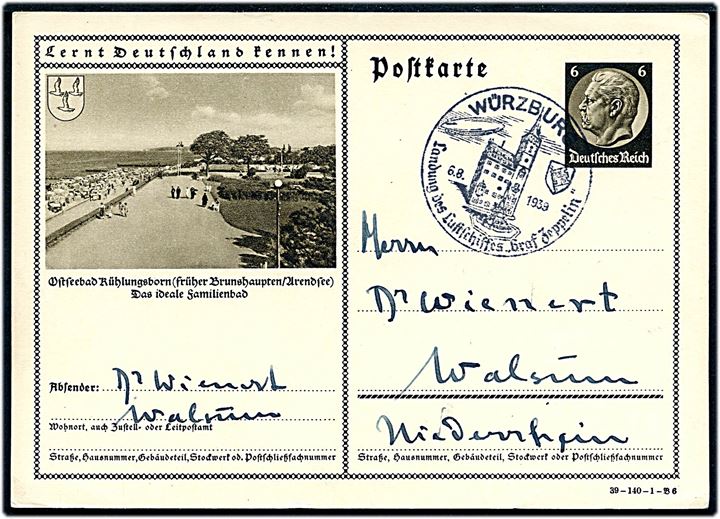 6 pfg. Hindenburg Lernt Deutschland kennen! illustreret helsagsbrevkort 39-140-1-V6 med prospekt fra Ostseebad Rühlungsborn annulleret med særstempel Würzburg Landung des Luftschiffes Graf Zeppelin d. 6.8.1939 til Walsum.