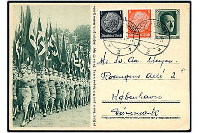 6 pfg. illustreret Reichsparteitag helsagsbrevkort opfrankeret med 1 pfg. og 8 pfg. Hindenburg fra Berchtesgaden d. 8.9.1937 til København, Danmark.