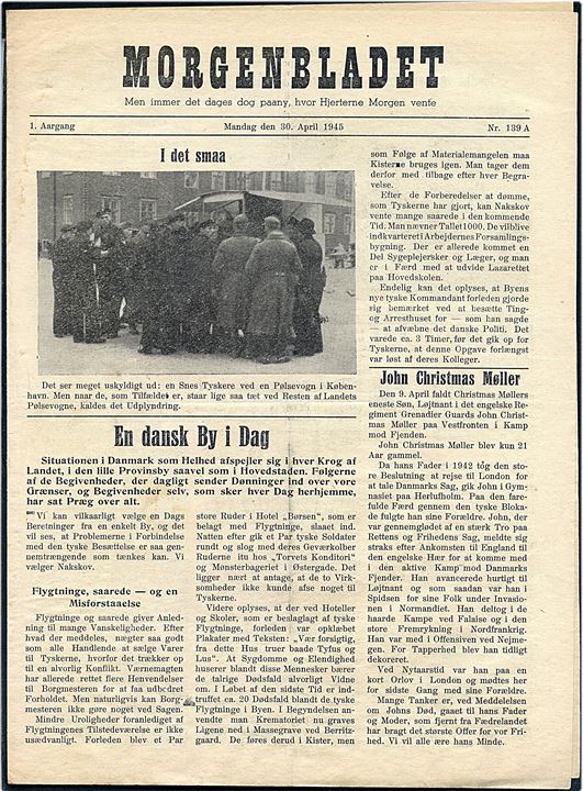 Morgenbladet, 1. Aargang no. 139A d. 30.4.1945. Illustreret illegalt blad på 4 sider i ca. A4 format.