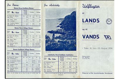 De Bornholmske Jernbaner: Udflugter til Lands og Vands i Tiden 16. Juni - 20. August 1934. Illustreret folder med køre- og sejlplaner for Bornholm. 