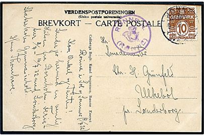 10 øre Bølhelinie på brevkort (Rønne. Parti fra Onsbæk) annulleret med bureaustempel Rønne - Nexø T.10 d. 9.7.1932 og sidestemplet med posthornstempel RØNNE N. (RØNNE) til Ulkebøl pr. Sønderborg.