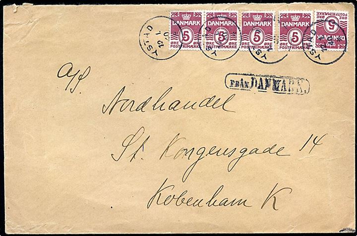 5 øre Bølgelinie (5) på stort brev fra Rønne annulleret med svensk stempel i Ystad d. 12.1.1940 og sidestemplet Från Danmark til København. Sjældent skibsstempel fra Ystad.