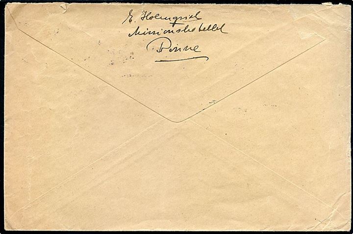 5 øre Bølgelinie (5) på stort brev fra Rønne annulleret med svensk stempel i Ystad d. 12.1.1940 og sidestemplet Från Danmark til København. Sjældent skibsstempel fra Ystad.