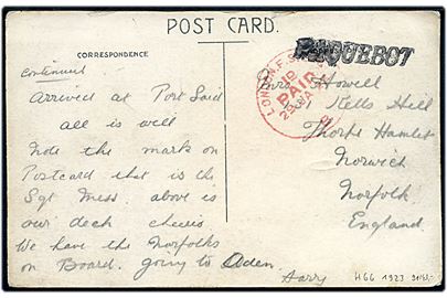 Ufrankeret brevkort (HMT Hecuba) fra troppetransport skib i Port Said under jegse til Aden med rødt stempel London F.S. 1d Paid d. 29.1.1923 og Paquebot til Norwich, England.