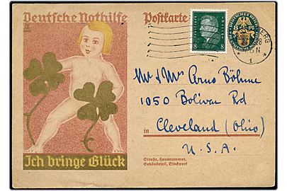 8 pfg. illustreret Deutsche Nothilfe helsagsbrevkort opfrankeret med 8 pfg. Ebert fra Heidelberg d. 27.2.1928 til Cleveland, USA.