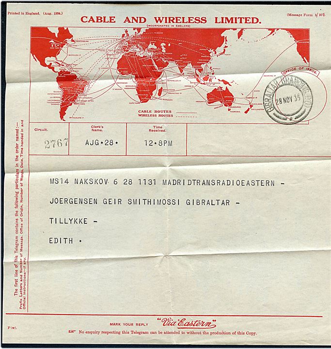 Cable and Wireless Limited telegramformular med kuvert med meddelelse fra Nakskov til sømand ombord på bjergningsskibet Geir i Gibraltar. Stemplet Gibraltar Branch (G.P.O.) d. 28.11.1935. 