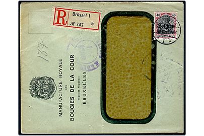 50 centimes/40 pfg. Belgien provisorium på anbefalet rudekuvert fra Brüssel d. 15.10.1915 til Kjøbenhavn, Danmark. Tysk censur fra Aachen.