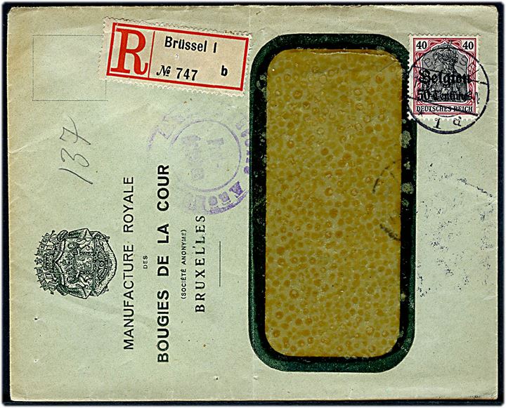 50 centimes/40 pfg. Belgien provisorium på anbefalet rudekuvert fra Brüssel d. 15.10.1915 til Kjøbenhavn, Danmark. Tysk censur fra Aachen.