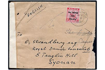 Japansk besættelse af Malaya. 8 cents Negrisembilan overtrykt Dai Nippon 2602 Malaya single på brev stemplet Tanah Ratah d. 9.9.1942 til danske konsul, Strandberg, i Syonan. Kuvert genbrugt og afkortet i højre side.