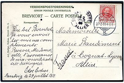 10 øre Fr. VIII på brevkort annulleret med brotype Ia Allinge S. (benyttet i Sandvig) d. 30.7.1909 til Cognat-Lyonne, Frankrig.