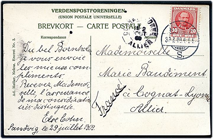 10 øre Fr. VIII på brevkort annulleret med brotype Ia Allinge S. (benyttet i Sandvig) d. 30.7.1909 til Cognat-Lyonne, Frankrig.